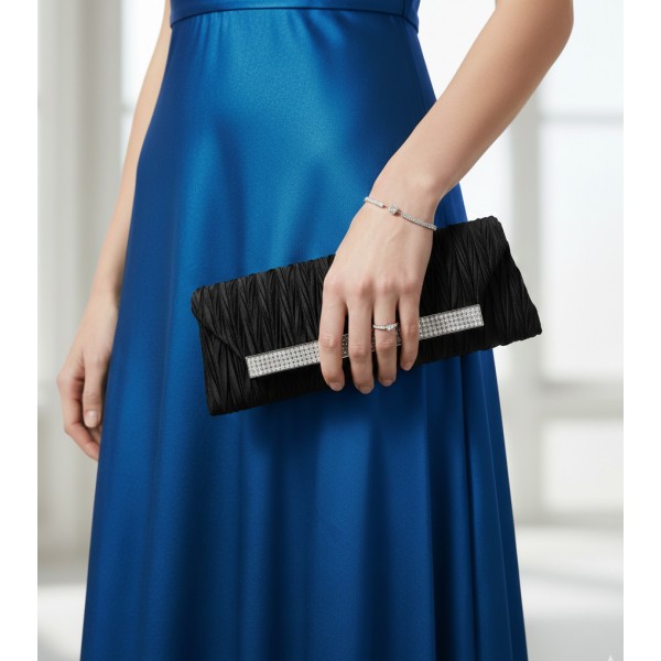 Evening Bag - Pleated Satin w/ Mesh Metal Bar Accent - Black - BG-92006B
